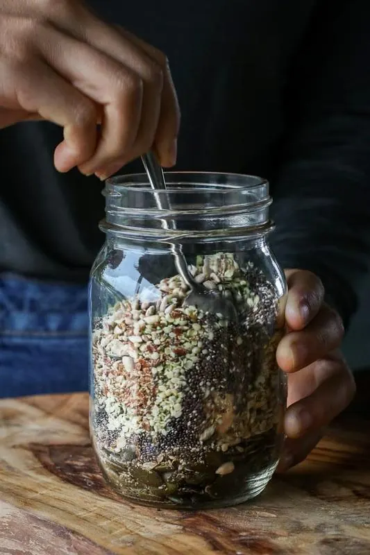 Jar with seeds and grains, simple pantry ingredients