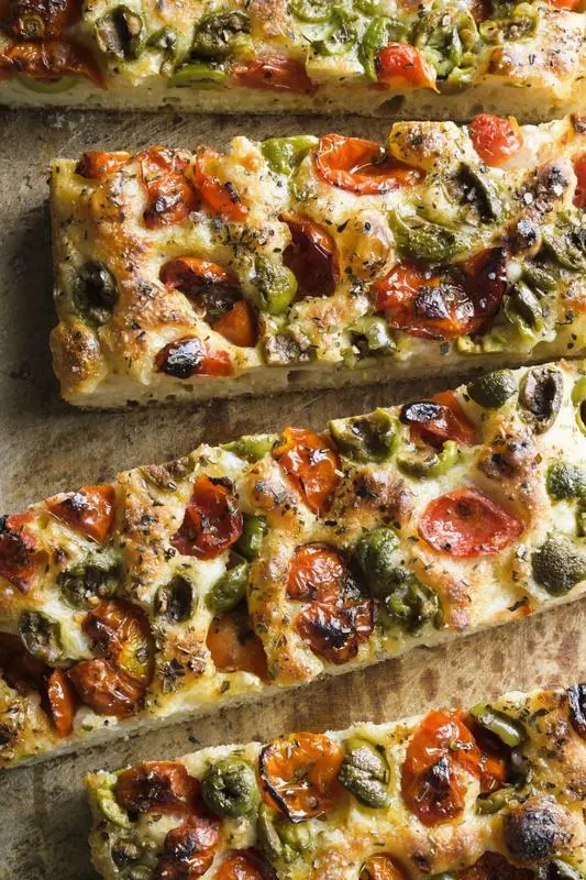 Mediterranean focaccia with tomatoes and olives