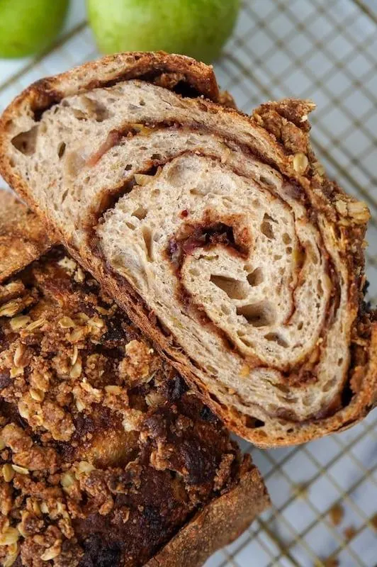 Apple cinnamon swirl bread, sliced to show the swirl