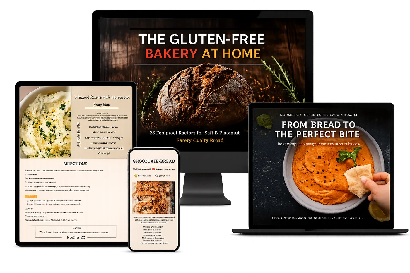 Mockup of The Gluten-Free Bakery at Home and From Bread to the Perfect Bite eBooks shown on computer, tablet, and video on laptop